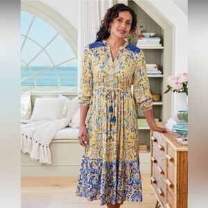 NWOT Soft Surroundings Mandisa Midi Dress Yellow and Blue Coastal Size Petite XL